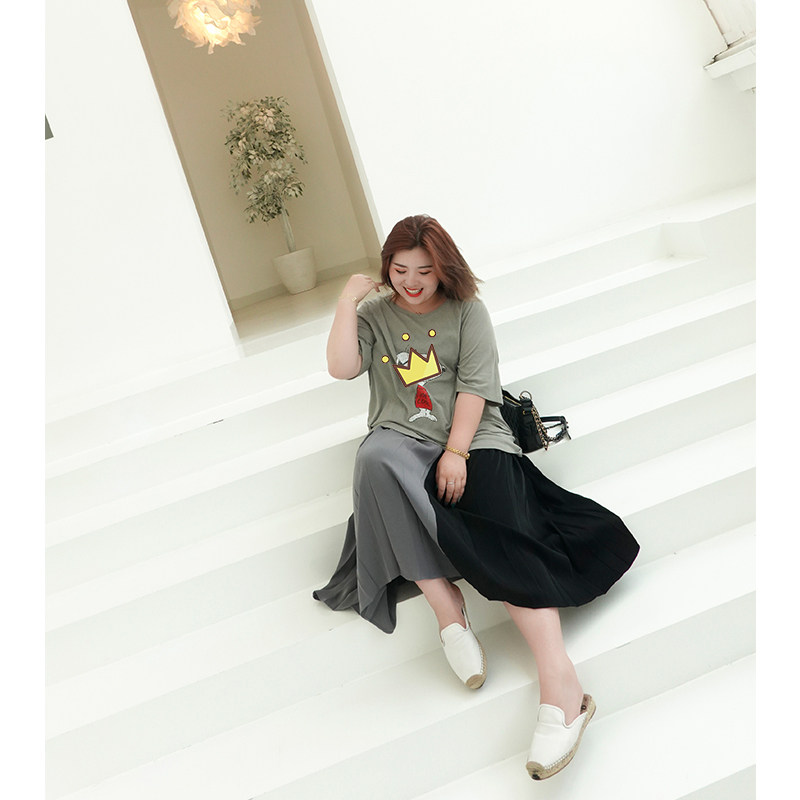 木子理想新款大码半身裙胖mm200斤a字中长裙拼色显瘦减龄百褶裙