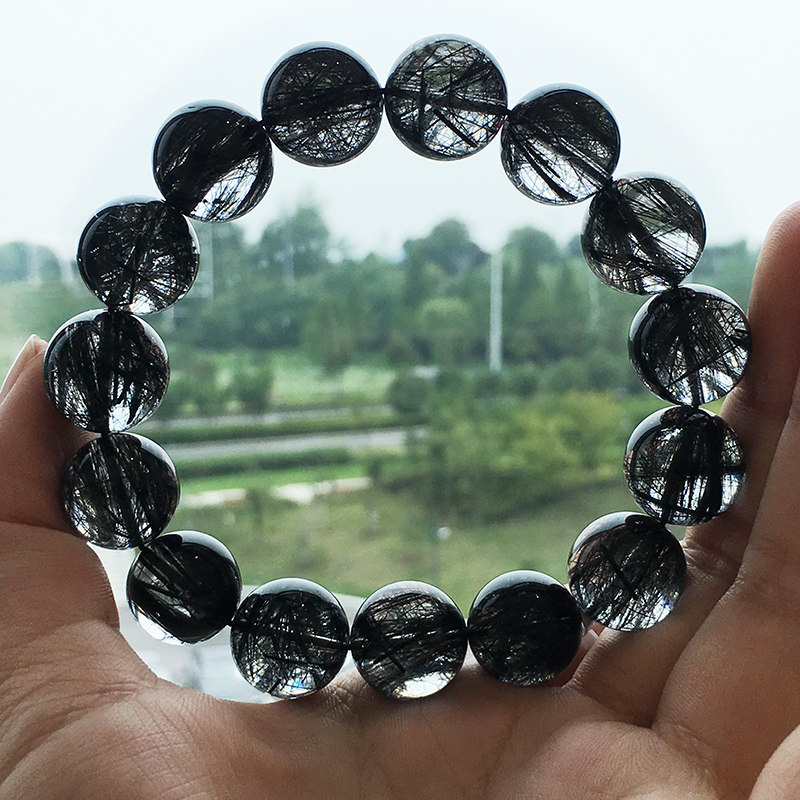 巴西黑发晶手链 天然水晶钛晶绿发晶碧玺发黑曜石手串 礼物男女款