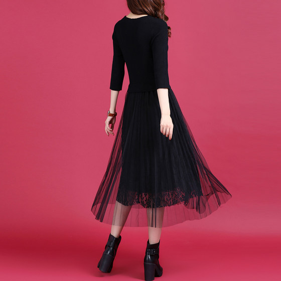 Autumn And Winter 2021 New Temperament Net Color Hem Stitching Lace Pleats Slim Fit Wool Knitted Dress Women Autumn And Winter 2021 New Temperament Net Color Hem Stitching Lace Pleats Slim Fit Wool Knitted Dress Women