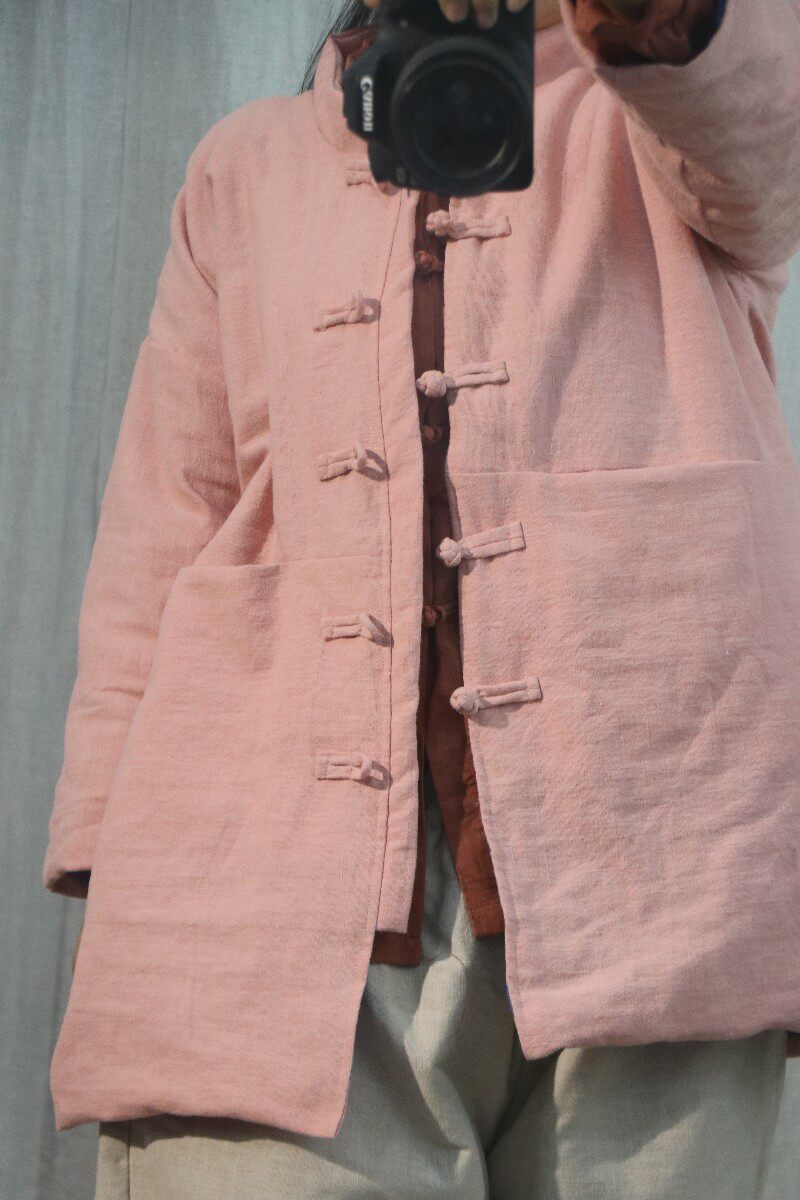 原创棉麻女装中式复古棉衣对襟手工盘扣中长棉衣