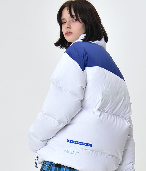 韩国直邮正品男女bornchamps蓝白色块短款羽绒服