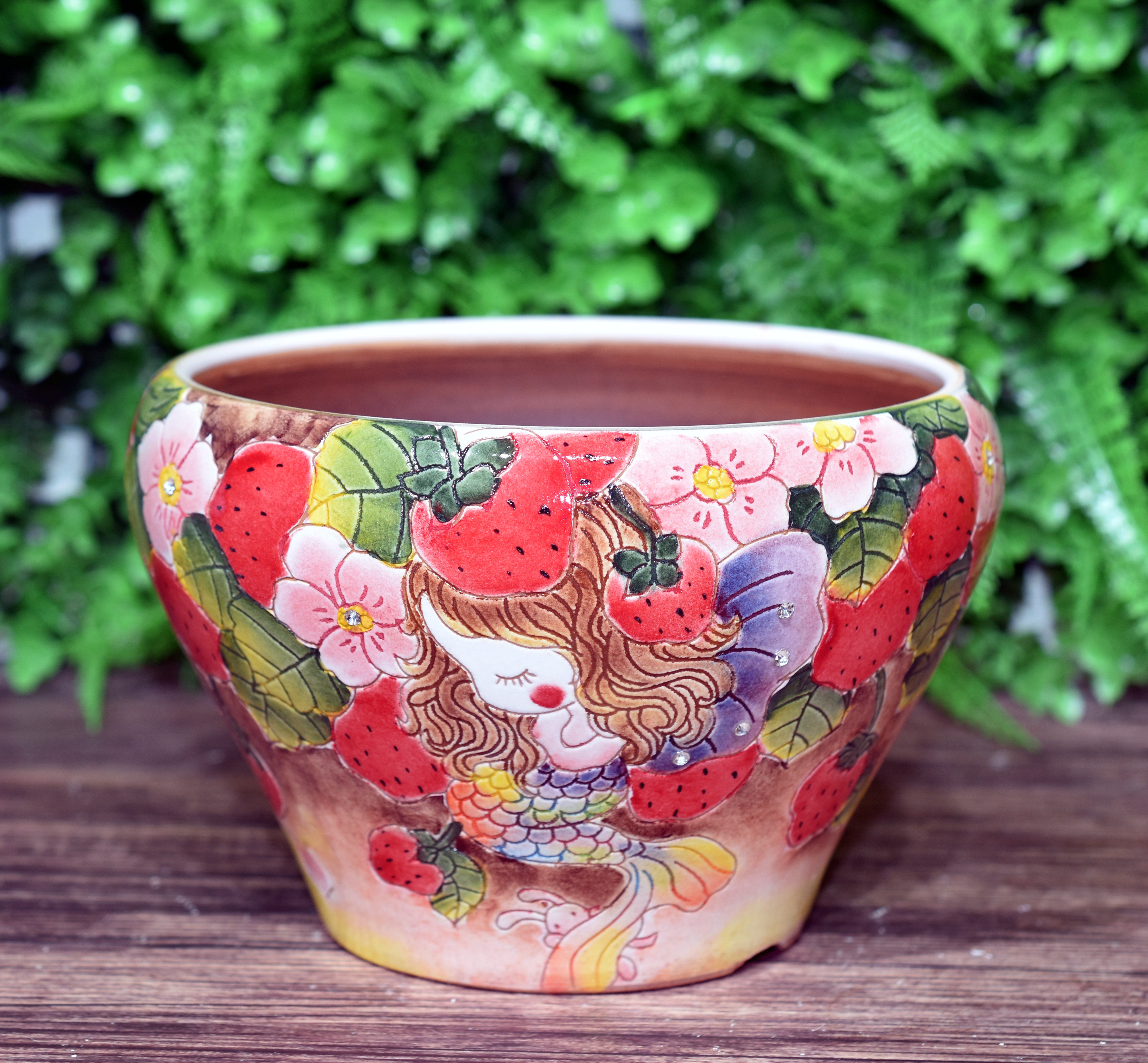 一心精工镶钻带脚透气红陶手捏超大口口径18cm花盆