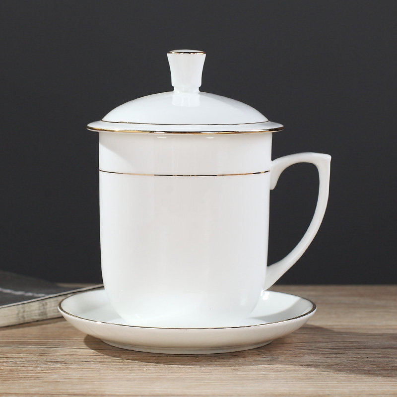 景德镇陶瓷瓷杯带盖茶杯办公室会议家用手绘金边茶杯