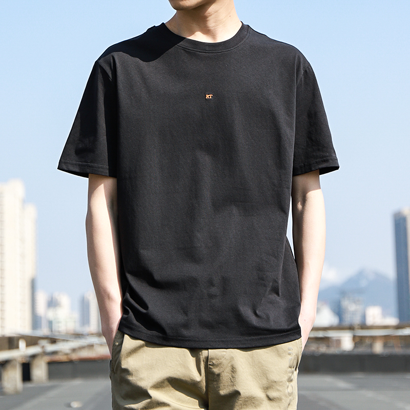 2022男士夏装短袖T恤宽松休闲简约纯色半袖韩版潮流刺绣丅体恤