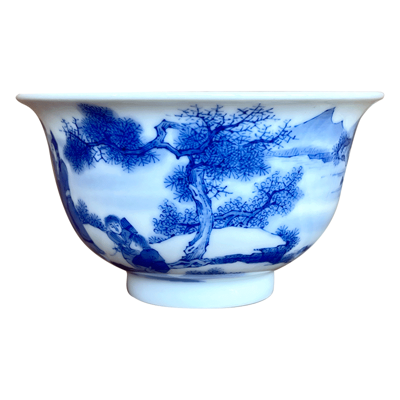 景德镇春风祥玉邹俊窑珍藏青花细工珍芝山水三贤茶杯