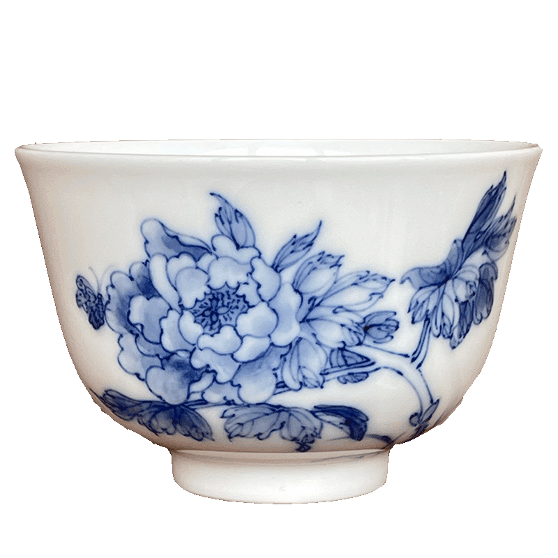 青花景德镇九段手绘青花瓷瓷器妙手富贵牡丹品茗茶杯