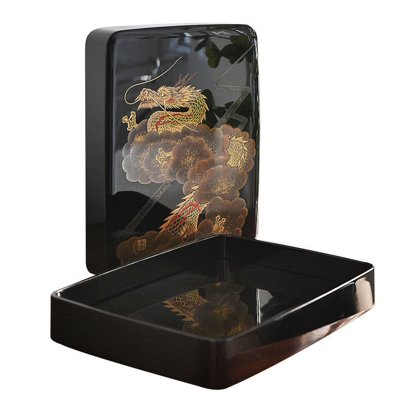 日本能登轮岛莳绘沉金漆器升龙砚箱砚盒文房摆件