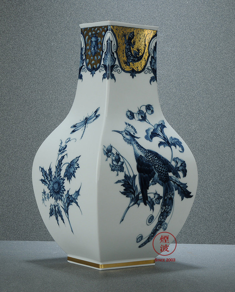 德国梅森麦森迈森瓷器 限量作品 青花描金 天堂鸟 花瓶 花器
