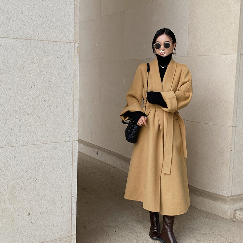 zhuyiyi睡袍驼色大衣女双双面高端秋冬长款过膝毛呢外套