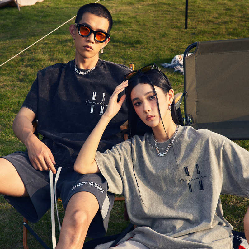 MEDM潮牌美式做旧复古字母短袖T恤男女夏季宽松情侣款体恤衫上衣