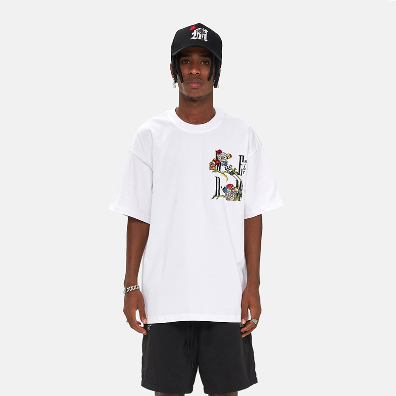 MEDM 国潮夏季玫瑰刺绣百搭宽松T恤男女情侣五分袖短袖潮牌上衣