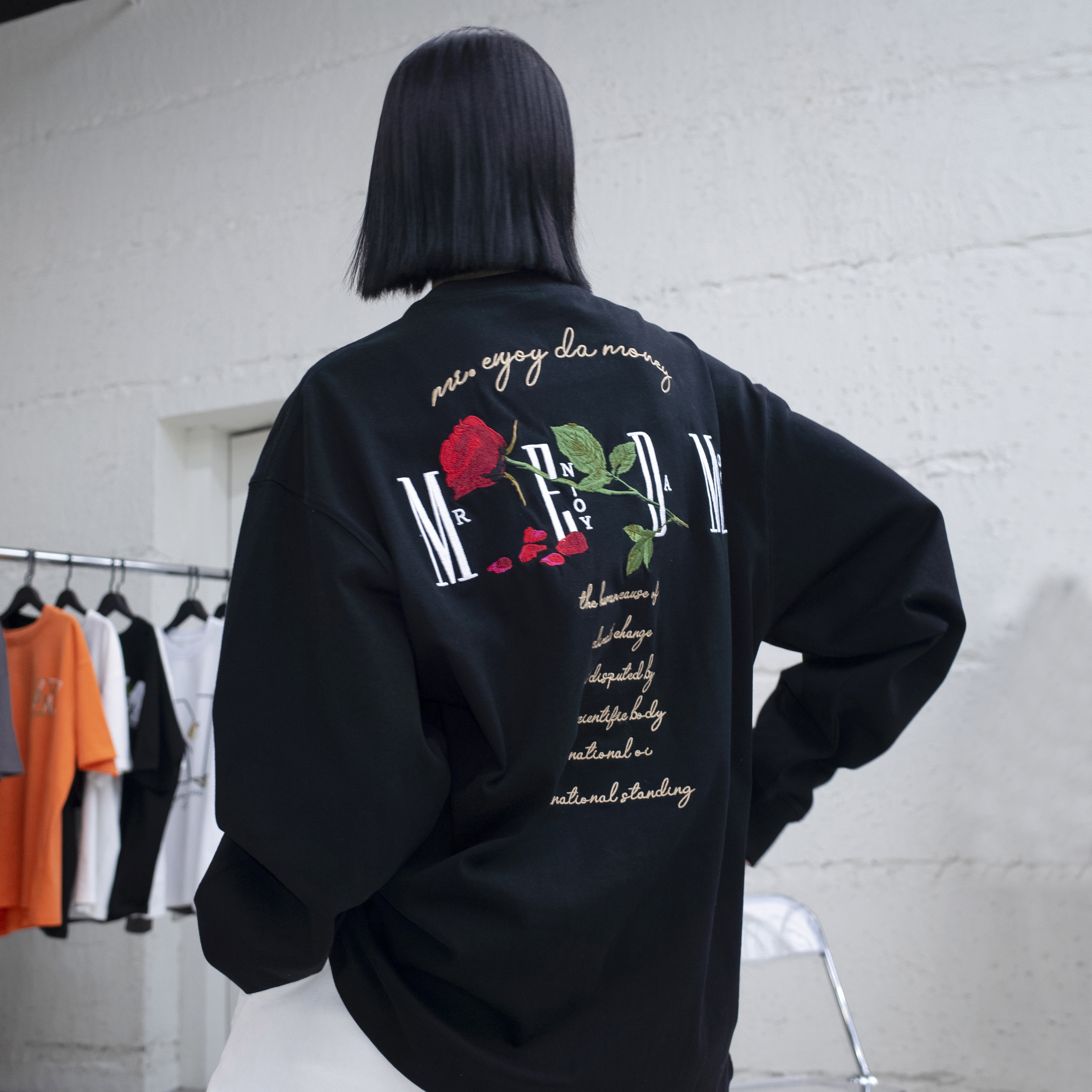 MEDM国潮嘻哈长袖T恤男女春秋玫瑰字母刺绣宽松潮流设计感上衣潮t