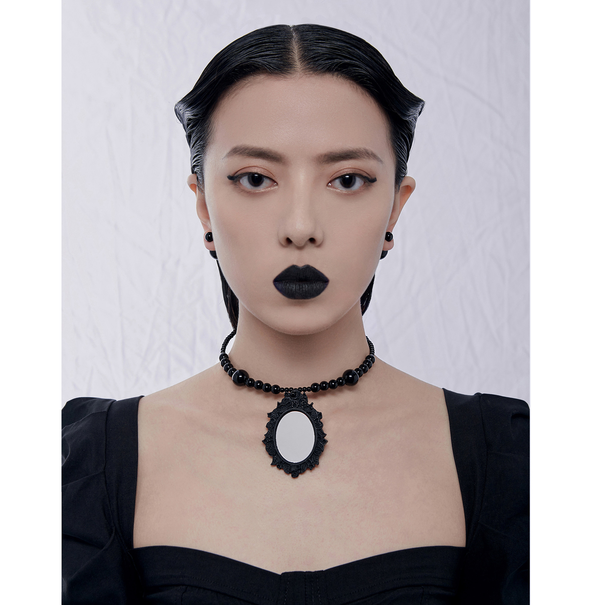darknesslab原创设计暗黑少女项链镜拼黑色珍珠手绑甜酷女孩项圈