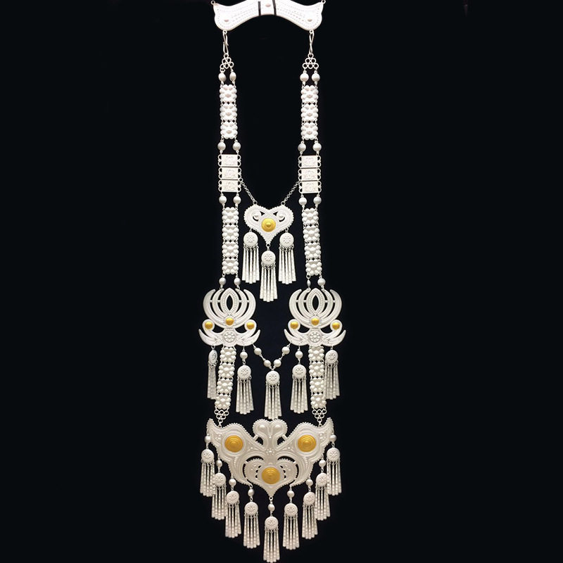 新款民族风彝族银色多层项链女中中长胸牌流苏项链