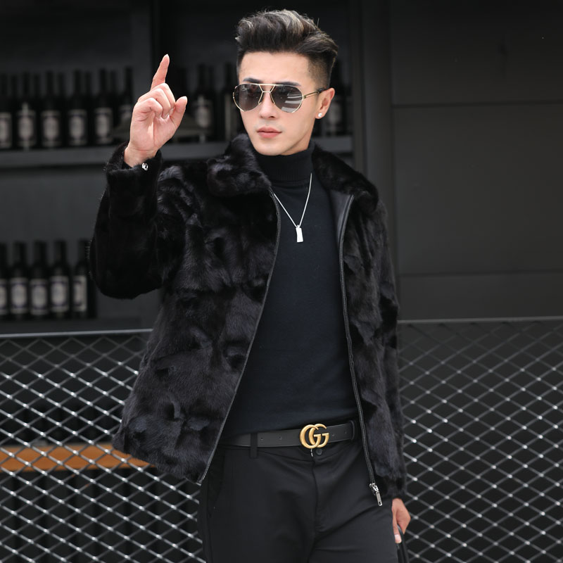 貂皮大衣男真貂皮草外套翻领2021冬季新款拉链修身休闲短款水貂潮