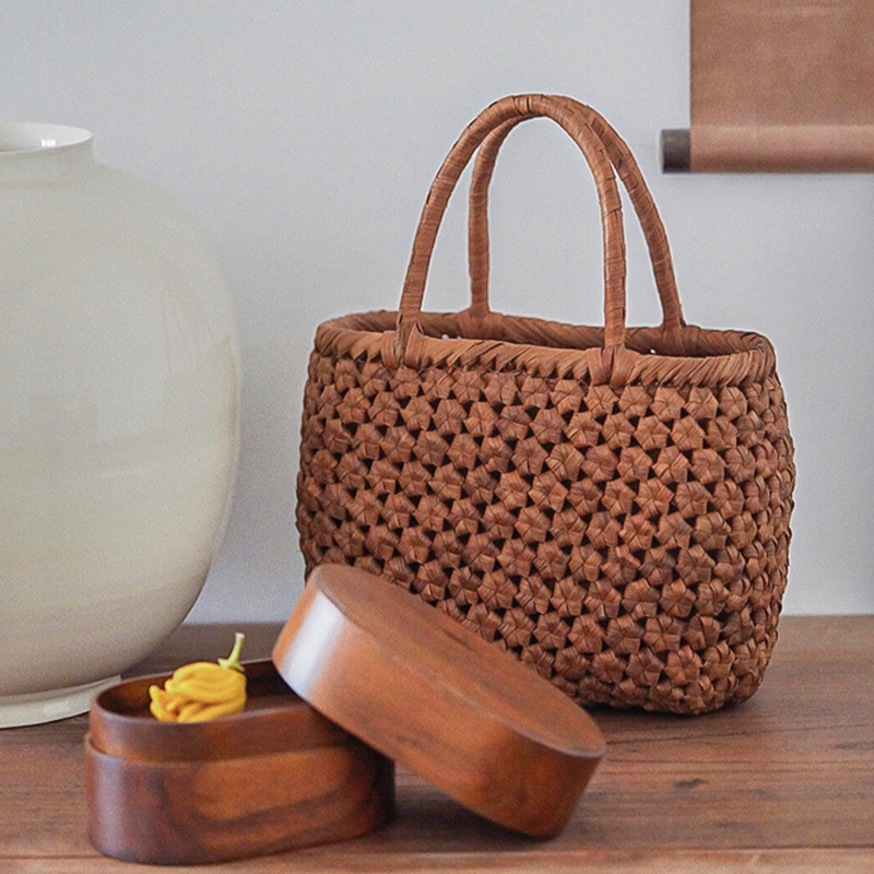 曼叙蔓草日本手工织物编织葡萄藤提篮麻绳旅行包通用款女包