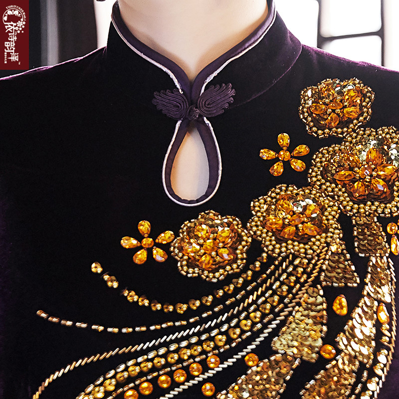 2021新款丝绒旗袍连衣裙长款开叉金色手工珠绣旗袍