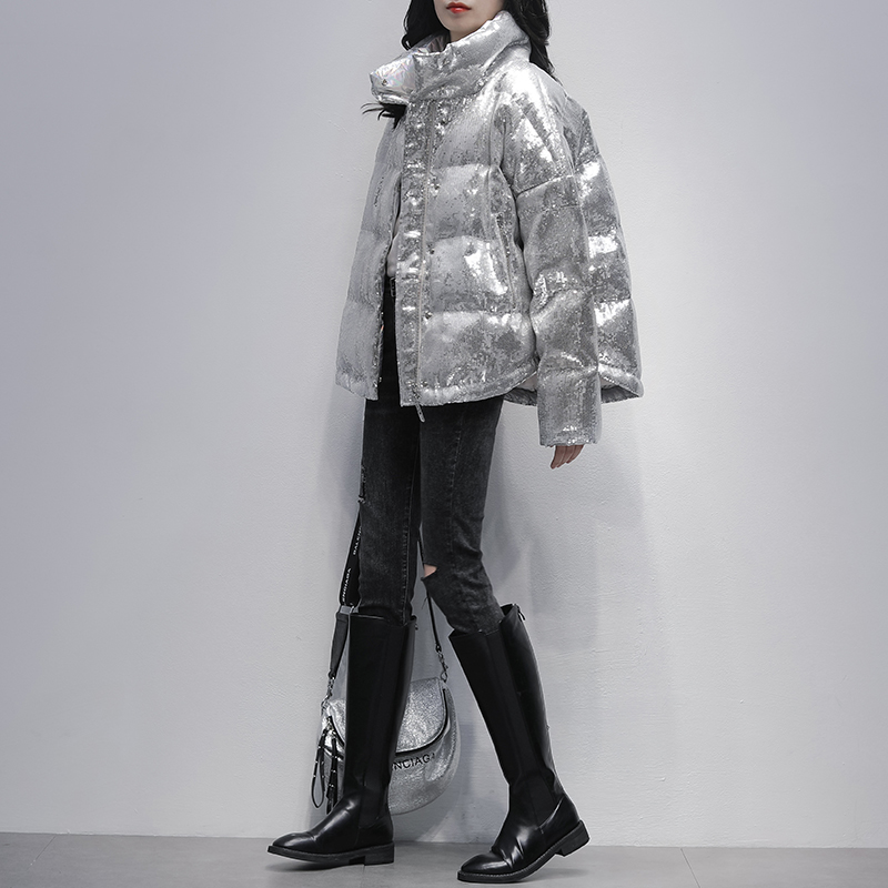 银色亮面羽绒服短款2020冬季新款韩版白鸭绒立领羽绒服