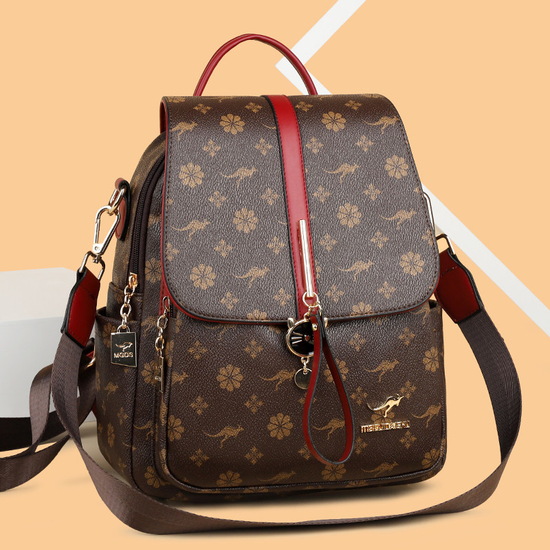 正品袋鼠2023新款真皮双肩包时尚旅游背包女士双肩背包