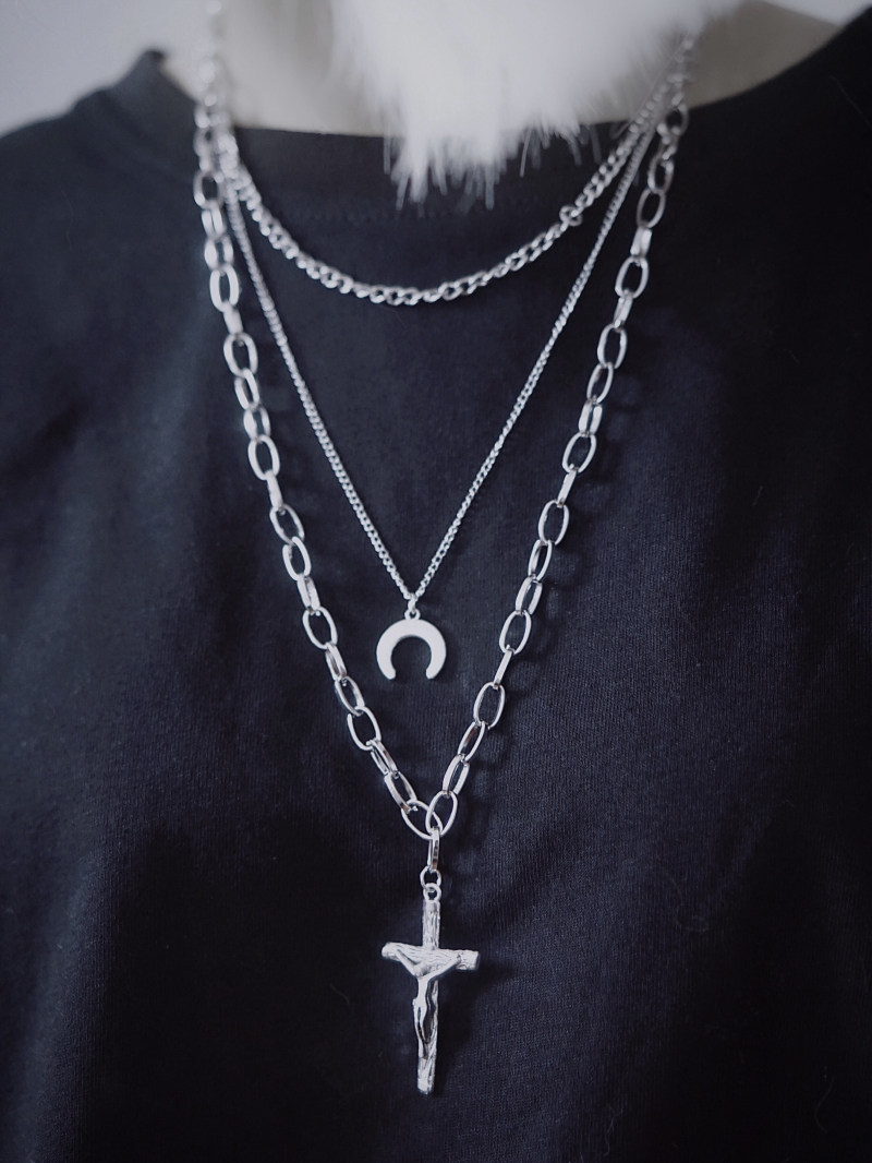 怪糖饰物原创三层金属项链蹦迪暗黑月亮十字项链