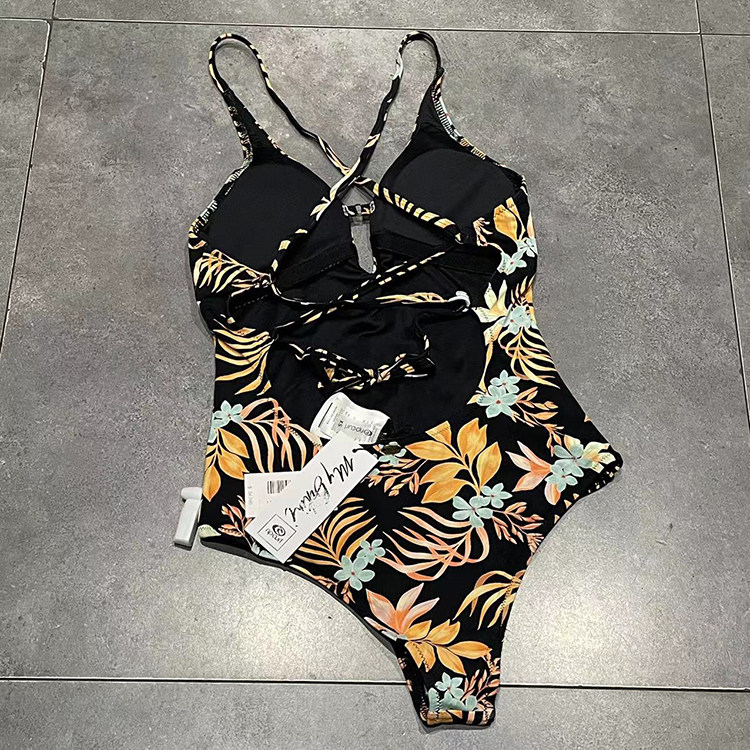 出口性感连体绑带露背交叉后背花色出口欧圆环连体泳衣