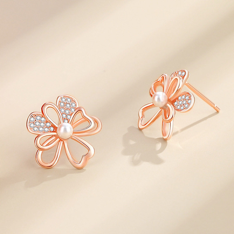s925金珍珠精美饰品耳饰珍珠玫瑰纯银耳环花朵耳环