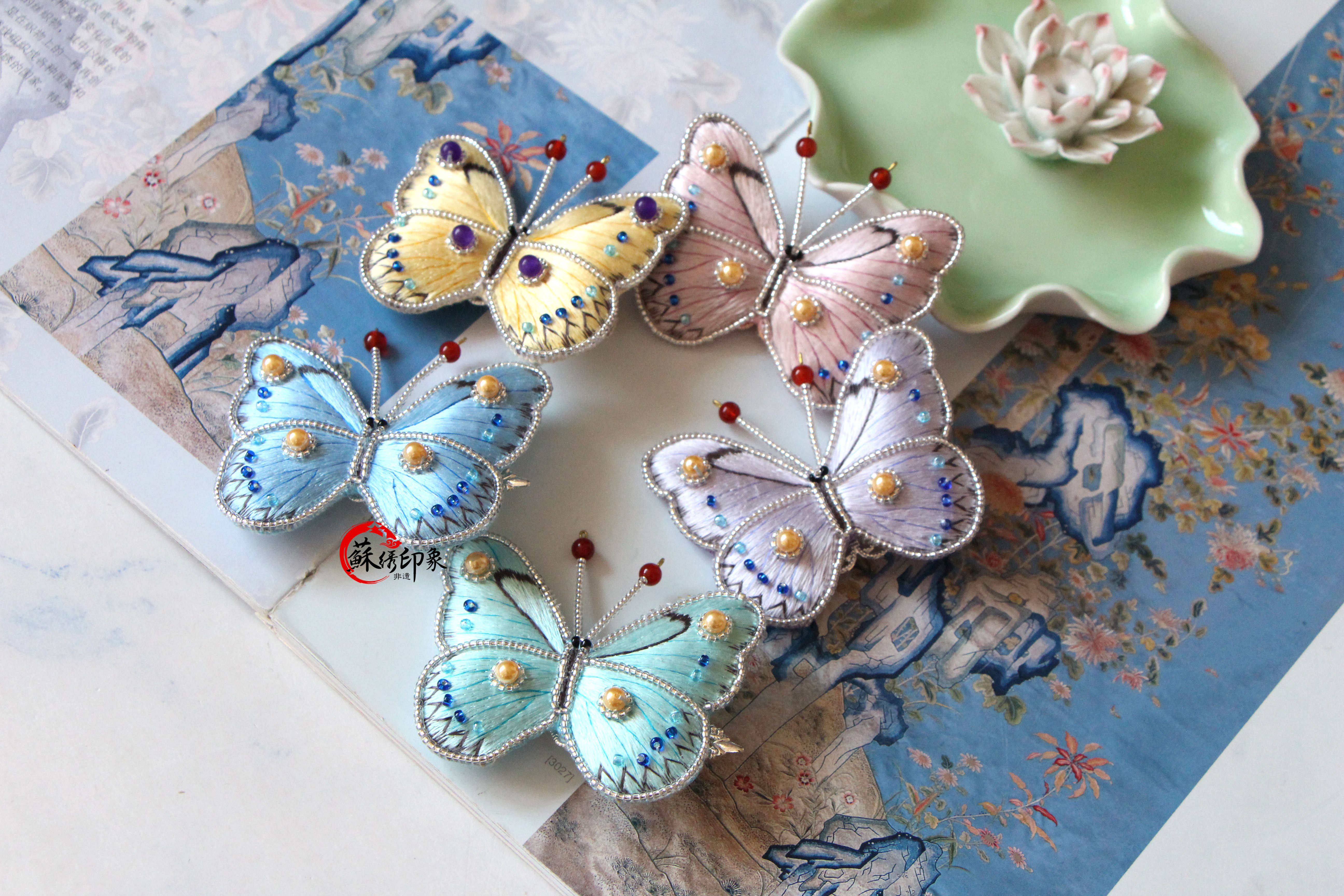 刺绣手工蝴蝶胸针发夹绣花中式旗袍配饰中国苏绣