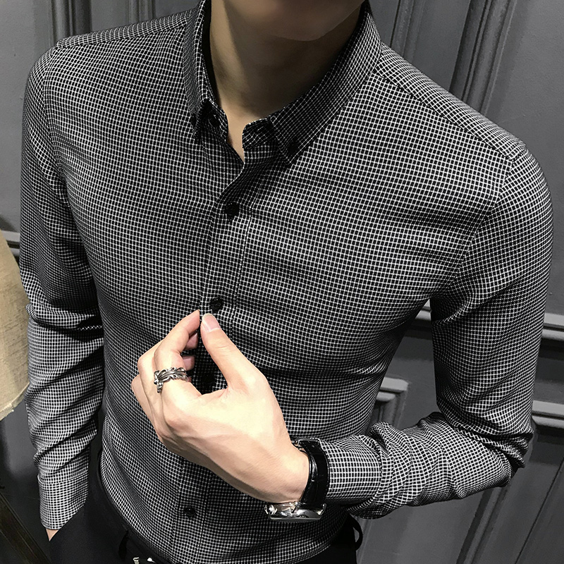 春秋格子衬衫男2021新款高端潮流韩版长袖修身男士衬衣休闲千鸟格