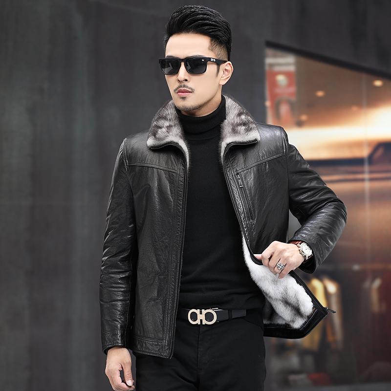 冬季皮衣男真皮十字貂水貂整貂内胆油蜡牛皮夹克皮毛一体貂皮外套