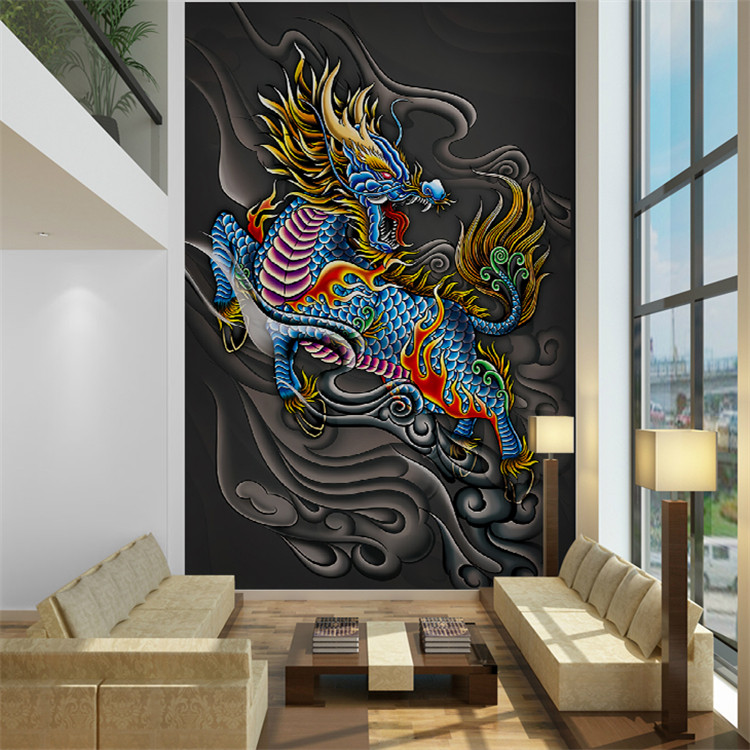 纹身店背景墙壁纸青龙图案墙纸工作室中国龙刺青壁画装饰主题墙布