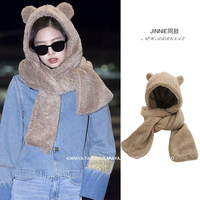 Jennie小熊耳朵帽子围巾一体女秋冬围脖套韩版软妹学生可爱两件套