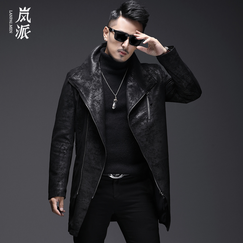 海宁机车真皮皮衣男超薄中长款韩版古着软印花皮夹克帅气外套潮秋