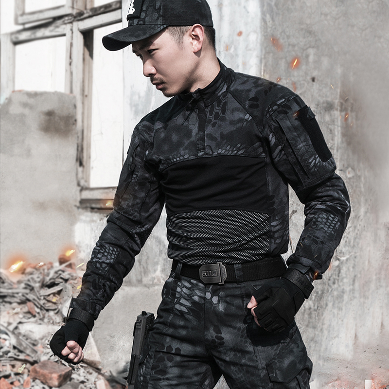 第四代全纯棉蛙服迷彩T恤男长袖春秋蟒纹弹力透气战术训作服短袖