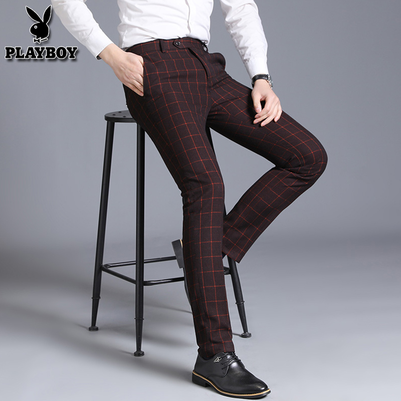 花花公子西裤男春秋韩版修身潮流格子男裤商务弹力休闲裤冰丝裤子