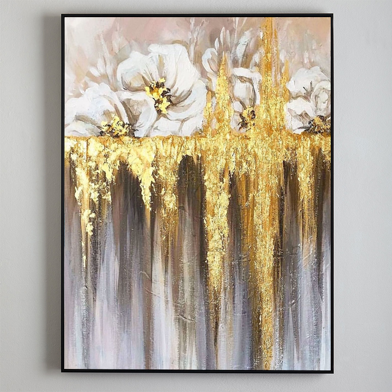 金色花卉油画现代轻奢金箔手绘装饰画进门玄关油画