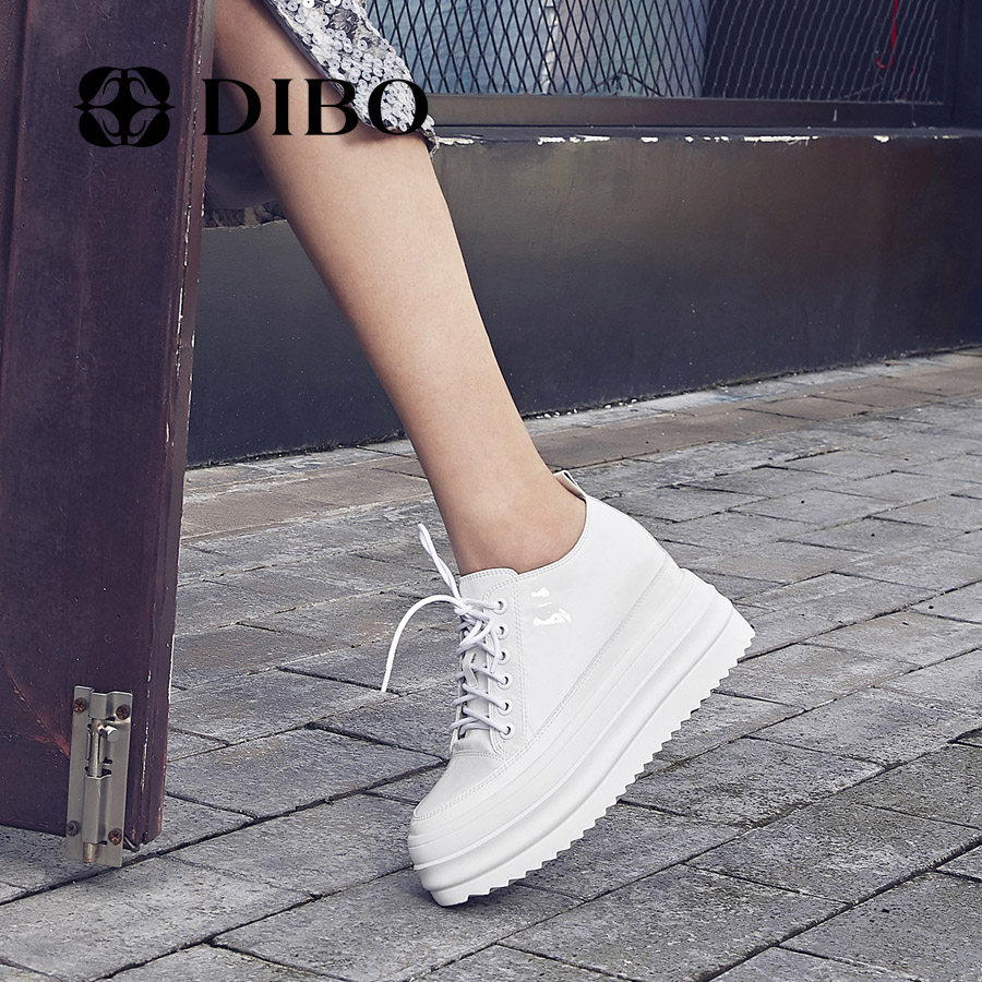 漆皮碲铂dibo2019新款女鞋系带厚底低帮休闲百搭松糕摇摇鞋