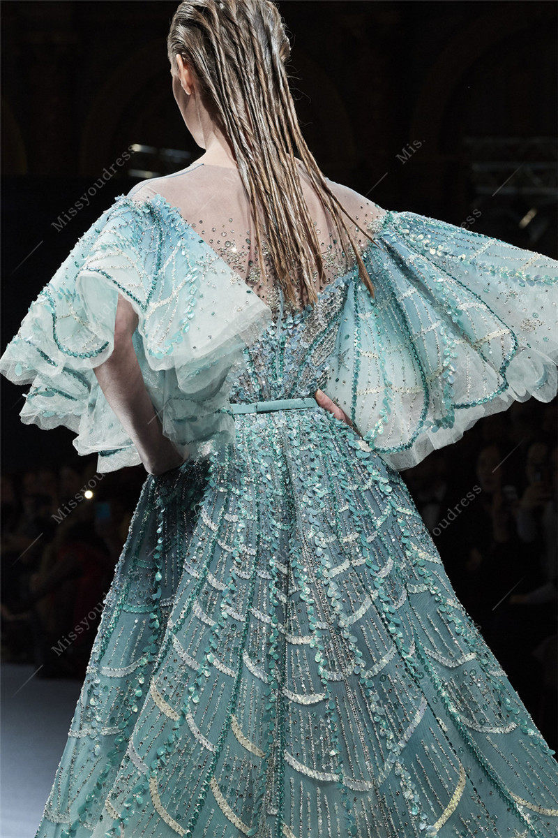 2020新款水绿绿色奢华钉珠扇贝时尚舞台走秀礼服