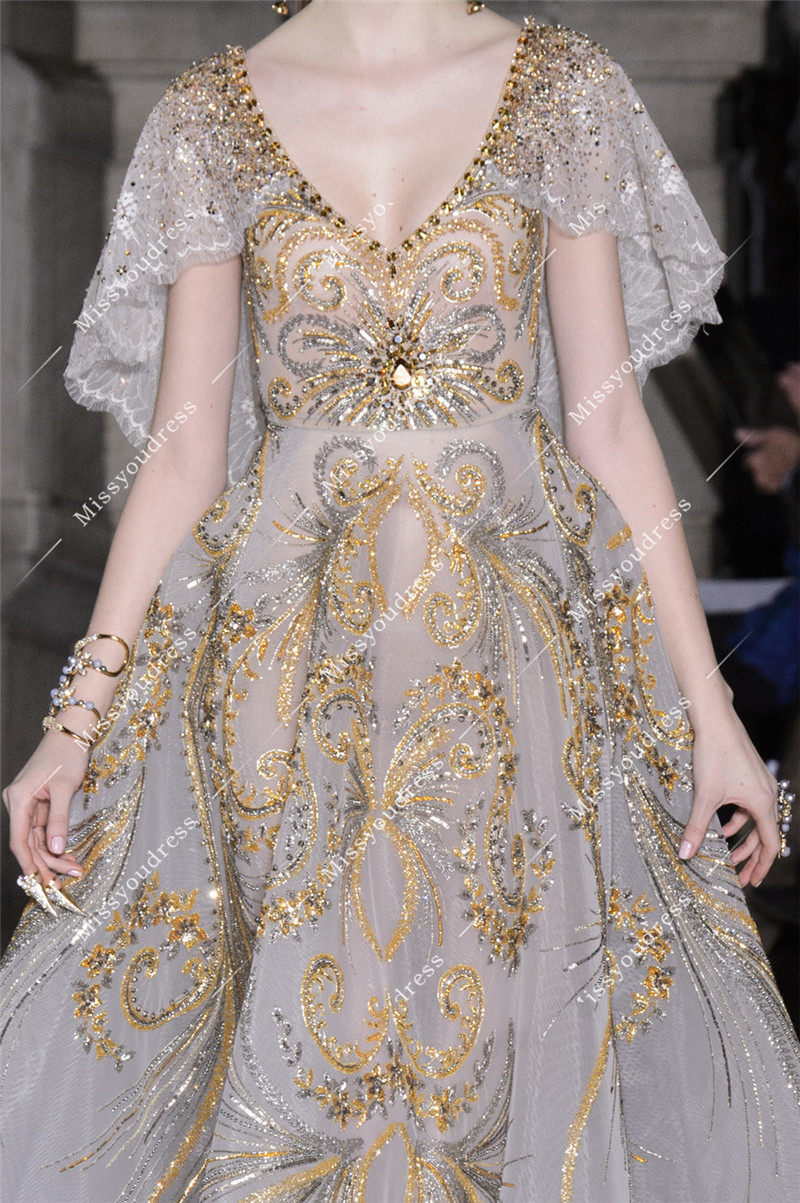 2021欧美奢华金色精致重工晚礼服新娘年会宴会礼服