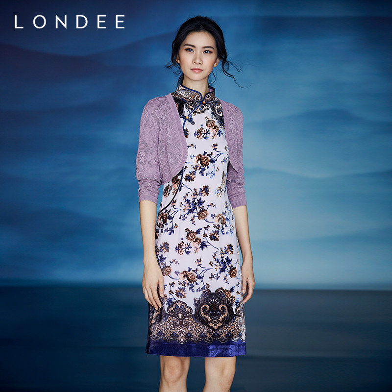 londee龙笛桑蚕丝女士修身印花中国国风旗袍9s21166旗袍