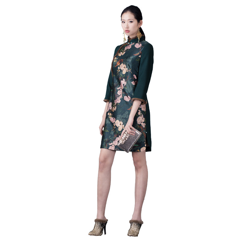 londee龙笛秋季新款高雅真丝印花旗袍9t21356旗袍