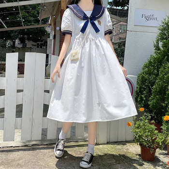 ຊຸດນັກຮຽນມັດທະຍົມຕອນປາຍ Navy collar dress summer, high school students cute dress mid-length, college style dress sweet dress for old and girls