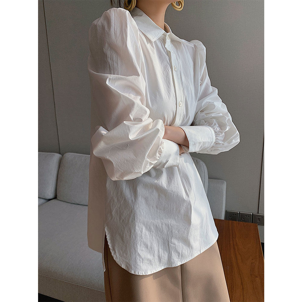 白色法式高端女高上衣袖上泡泡甜美新款衬衫衬衫