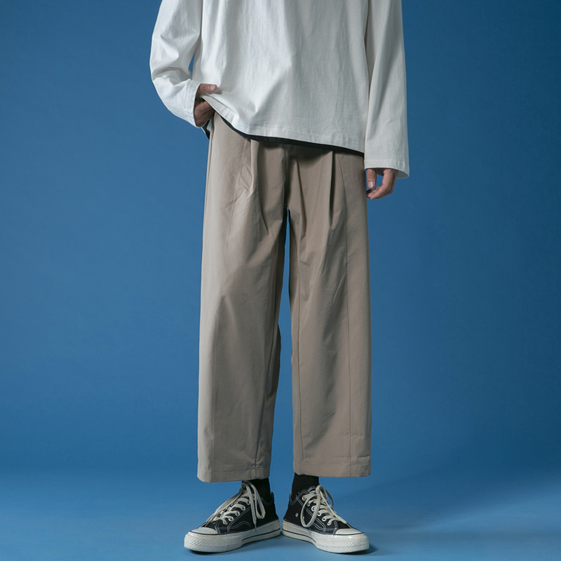 @方少男装 日系潮流阔腿裤男直筒宽松纯色休闲裤子秋夏薄九分裤子