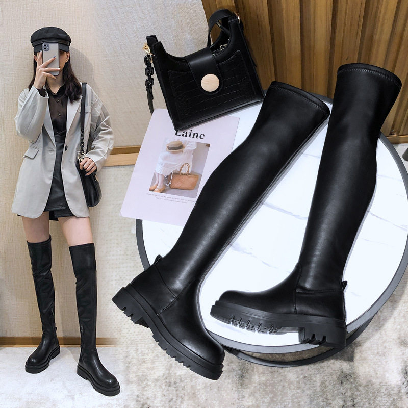 新款瘦瘦厚底加绒长筒靴高筒靴靴子大码女2020秋过膝冬季长靴