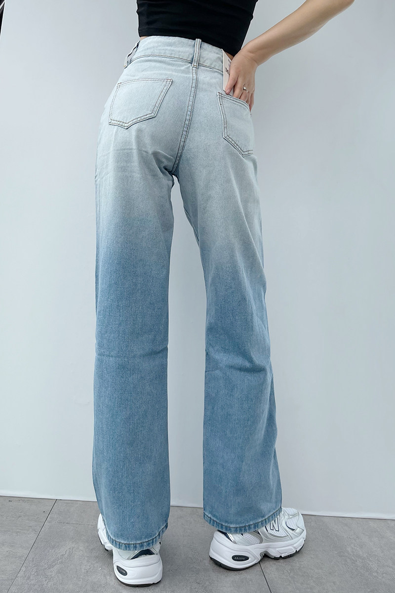 欧美筒裤宽松两粒ins高腰长裤牛仔裤渐变水洗牛仔裤