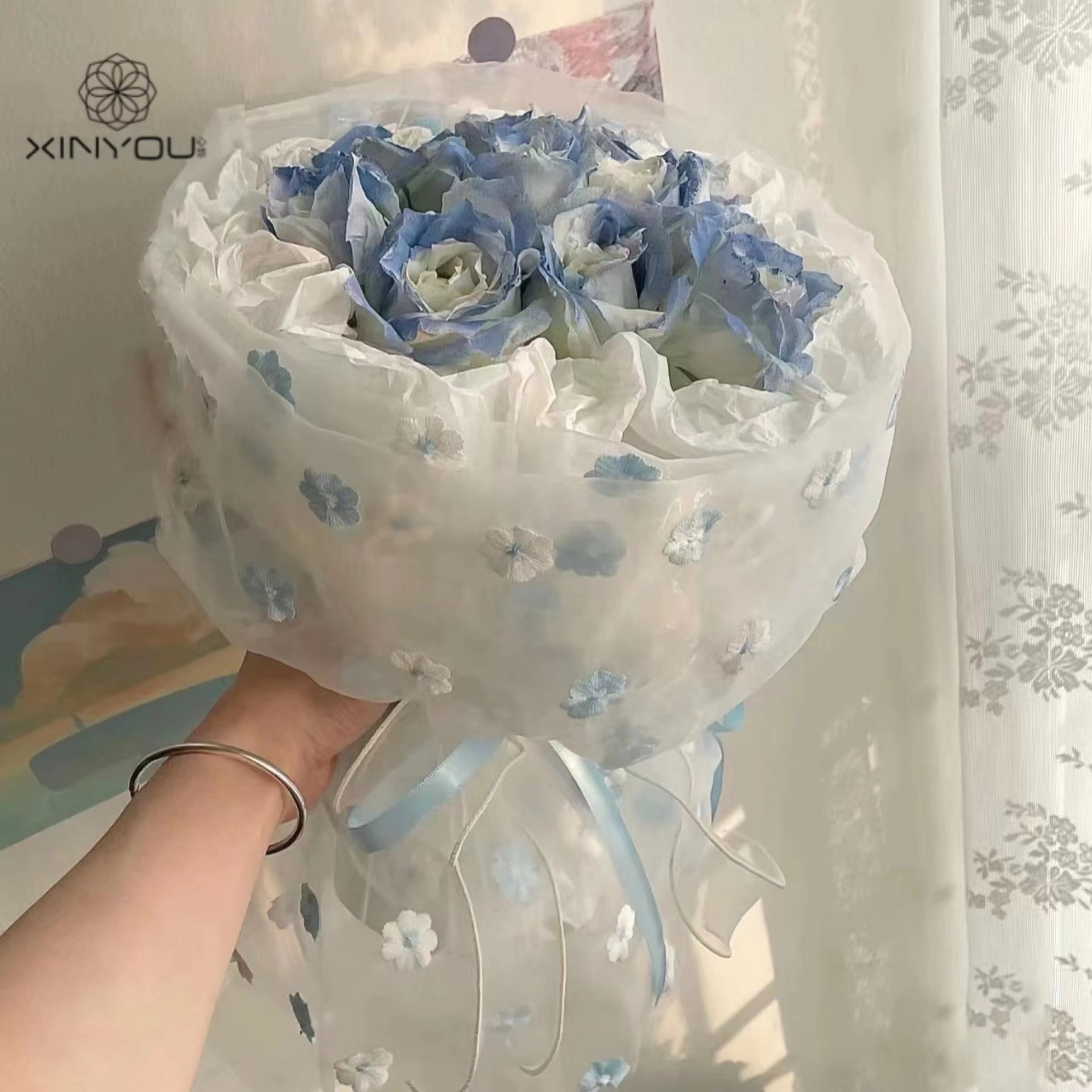 心悠璎珞鲜花花束包装欧根网纱小花花朵刺绣花艺纱网