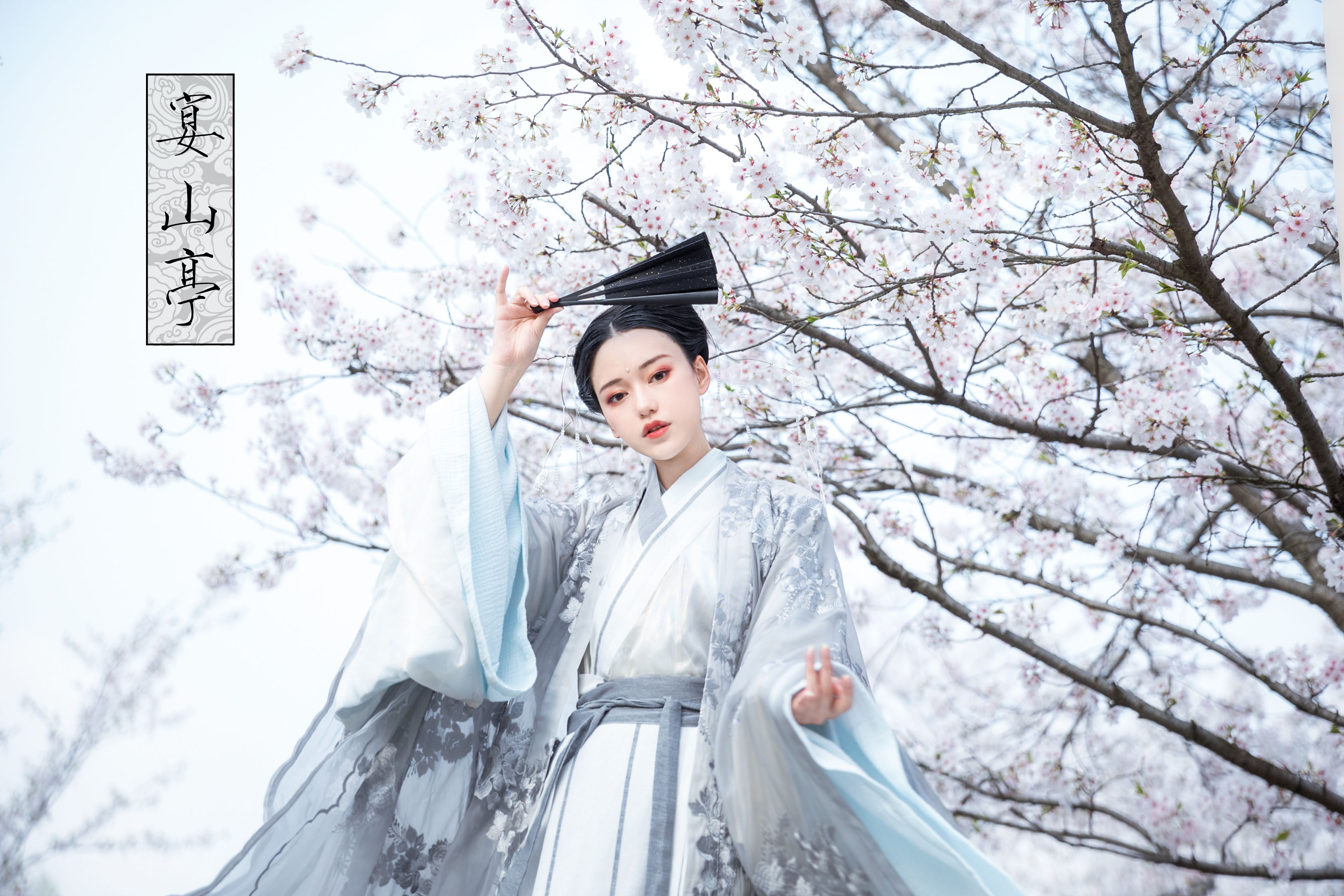 宴山亭传统汉服女秋冬装 刺绣大袖交领烫金雪纺纱齐腰襦裙--银雪