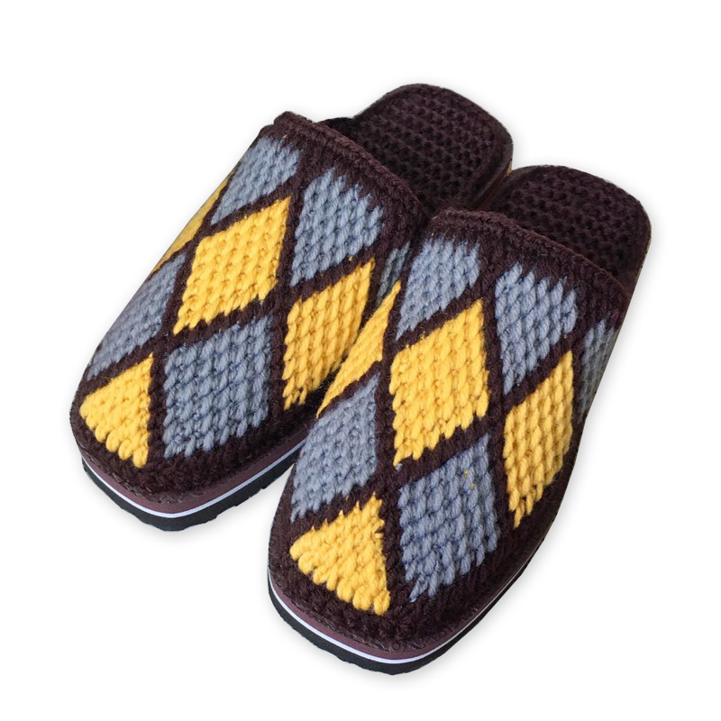 简约格子图案情侣手工编织毛线拖鞋秋冬男女居家婚庆拖鞋