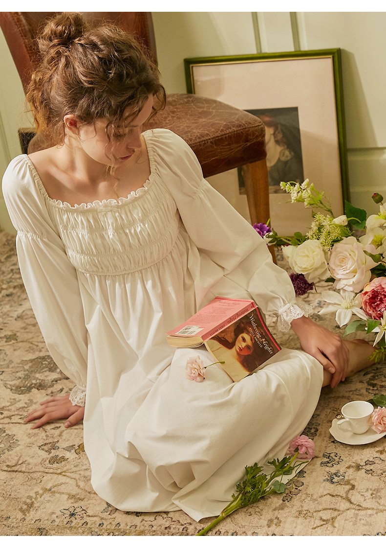 宫廷复古睡裙方领长袖长裙灯笼甜美白色不透睡裙