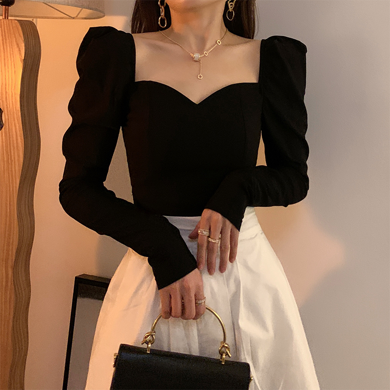 法式复古方领泡泡袖上衣女秋季修身设计感小众长袖性感气质T恤潮